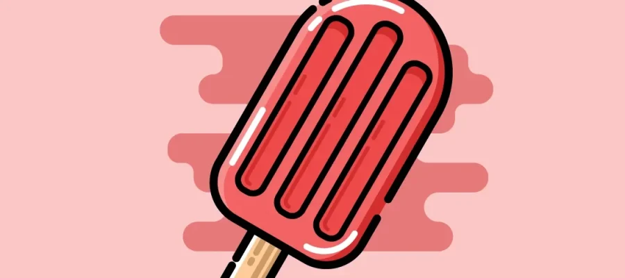 susam Illustration of a red popsicle on a wooden stick, tilted to the right, with bold black outlines. The background is pink with darker pink abstract shapes behind the popsicle, giving a playful and cheerful appearance.