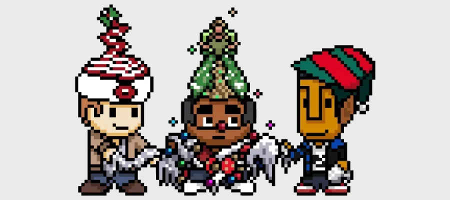 susam Three pixel art characters stand together. The left one wears a white and red spiral hat, the middle one has a green Christmas tree hat, and the right one wears a red and green striped hat. All are dressed festively, smiling, and facing forward.