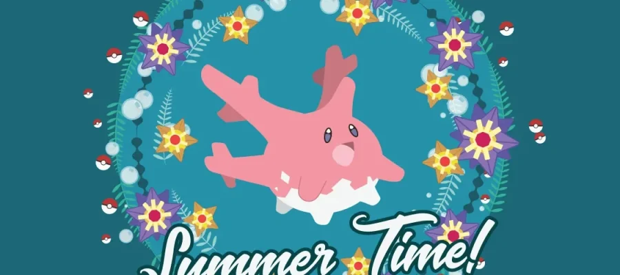 susam A pink cartoon coral Pokémon floats on a blue background, surrounded by a floral wreath with yellow, purple, and blue flowers, green leaves, and tiny Poké Balls. Below, white text reads, "Summer Time!" in a playful script.