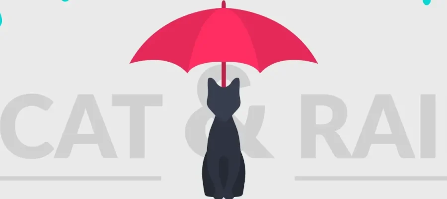 susam A black cat sits facing away, holding a red umbrella above its head. Blue raindrops fall from above, but the umbrella shields the cat. The background is light gray, with large, faint text reading "CAT & RAIN" behind the cat.