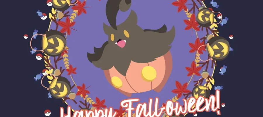 susam Illustration of a cute, pumpkin-themed creature with yellow eyes and a swirled hair tuft, framed by autumn leaves, berries, and glowing jack-o’-lanterns. The text at the bottom reads “Happy Fall-oween!” in playful, white and orange script.