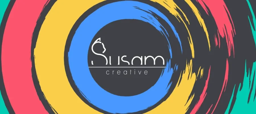 susam A digital logo with the word "Susam creative" in white, lowercase letters at the center, alongside a minimalist cat icon. The background features bold, circular brush strokes in purple, turquoise, yellow, pink, and black.