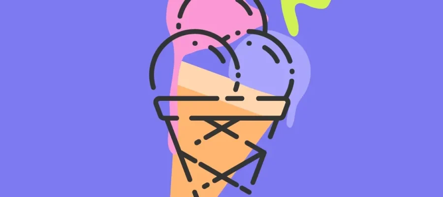 susam Illustration of an ice cream cone with two scoops—pink and purple—topped with a green squiggle. The cone and ice cream are outlined in black on a purple background with circles and abstract shapes as accents.