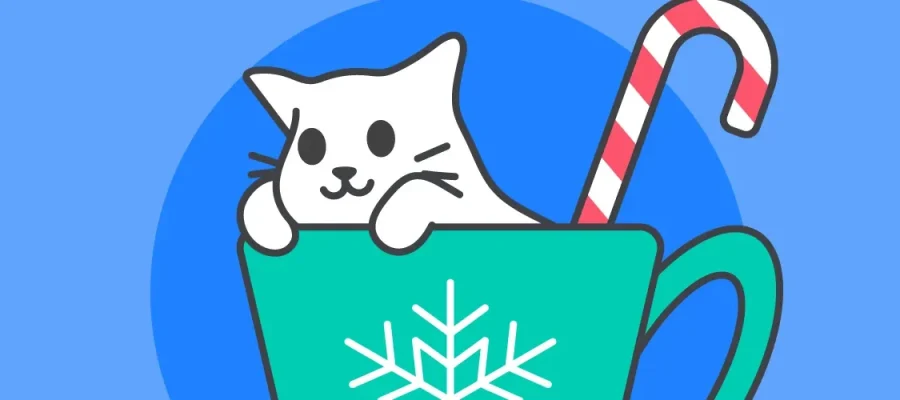 susam A cute white cartoon cat peeks out of a teal mug with a white snowflake design, holding the rim with its paws. A red and white striped candy cane sticks out of the mug. The background is blue with a darker blue circle behind the mug.