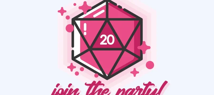 susam A pink 20-sided die (d20) with the number 20 showing is surrounded by small sparkles and dots. Below it, in cursive pink text, are the words “join the party!” on a light background.