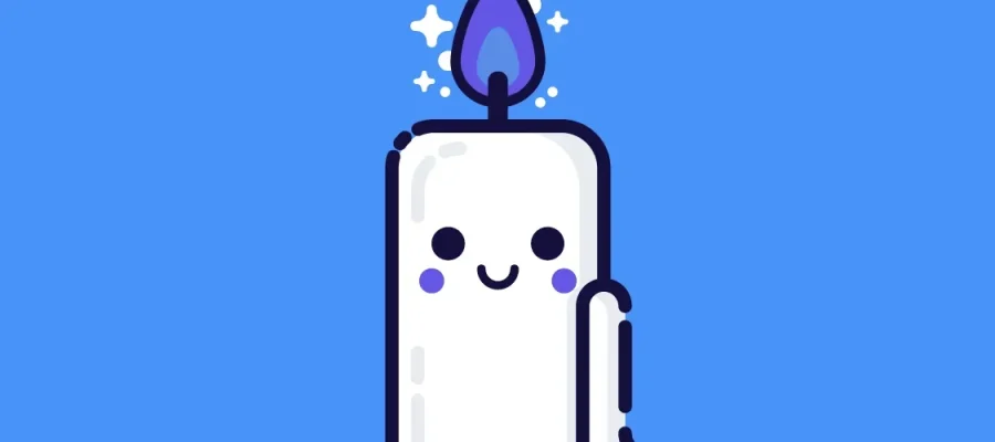 susam A cute cartoon candle with a smiling face and blushing cheeks stands upright on a blue background. The candle has a purple flame with white sparkles above it, and the overall style is minimalistic and cheerful.