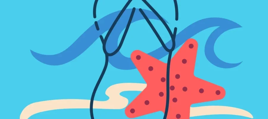 susam Minimalist illustration of two feet on sand with a pink starfish resting on top. Blue ocean waves appear in the background against a turquoise sky. The art uses simple lines and flat colors to evoke a beach scene.