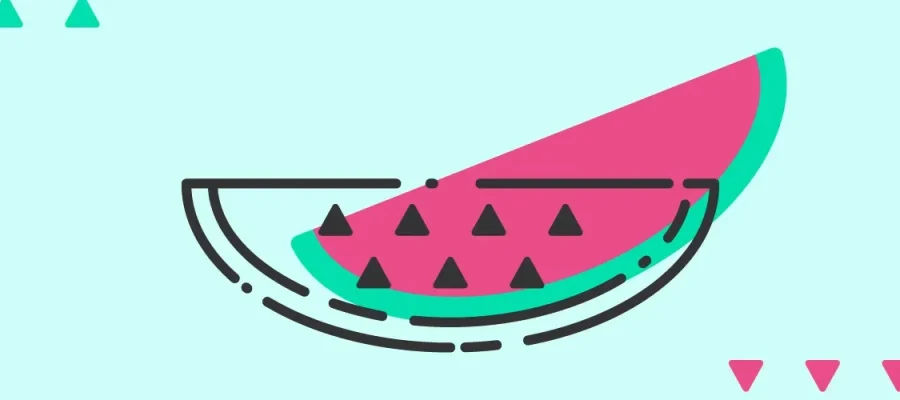 susam A minimalist illustration of a watermelon slice with a pink center, green rind, and black seeds, outlined in bold black lines. The background is light blue with abstract pink and green shapes and small triangle accents in the corners.