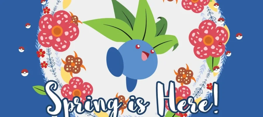susam A cheerful Oddish, a round blue Pokémon with green leaves, is centered in a floral wreath of red flowers and small Poké Balls. The blue background includes the text "Spring is Here!" in white with dark blue shadow at the bottom.
