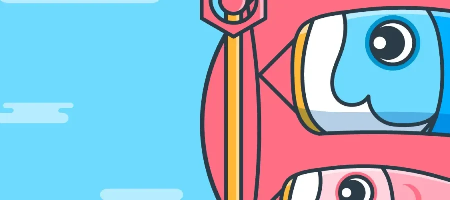 susam A minimalist illustration of two colorful koi fish windsocks, one blue and one pink, attached to a pole against a bright blue sky with scattered white clouds. The fish have large, cartoon-style eyes and are positioned vertically.
