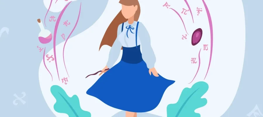susam An illustrated girl with long brown hair in a blue dress and white blouse stands holding a wand. Magical symbols, a potion bottle, and a floating book surround her. Blue leaves and mystical icons decorate the soft blue background.