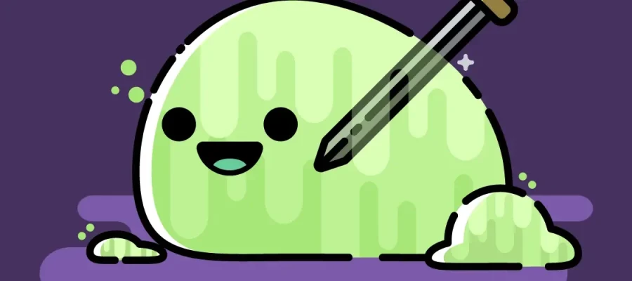 susam A cute, smiling green slime creature sits on a purple surface. It has big black eyes and a small mouth. A silver sword is stuck into its side, but the slime still appears cheerful and unbothered by it. Small blobs of slime are nearby.