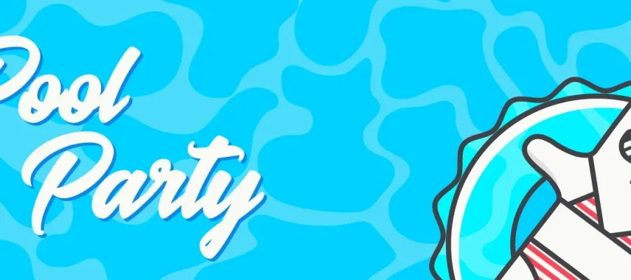 susam Illustration of a white cartoon cat in sunglasses, relaxing on a striped pool float in a blue swimming pool. The words "Pool Party" are written in playful white script on the left, with a wavy blue water background throughout the image.