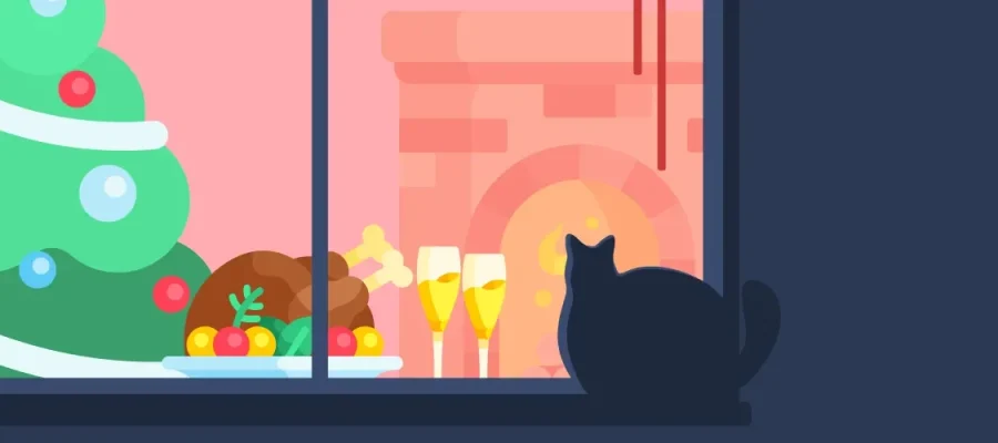 susam A silhouette of a cat sits by a window at night, looking inside at a festive scene with a decorated Christmas tree, a roaring fireplace, and a table set with food and drinks, including a roast, fruit, and glasses. The room is warmly lit and cozy.