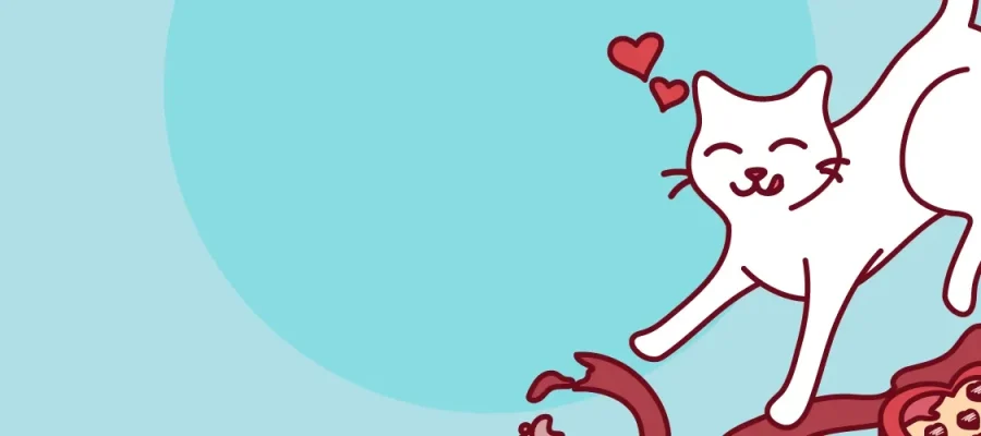 susam A happy white cartoon cat with a heart above its head stretches on a red, whimsical tree branch with heart-shaped decorations. The background is a light blue circle on a pale blue backdrop.