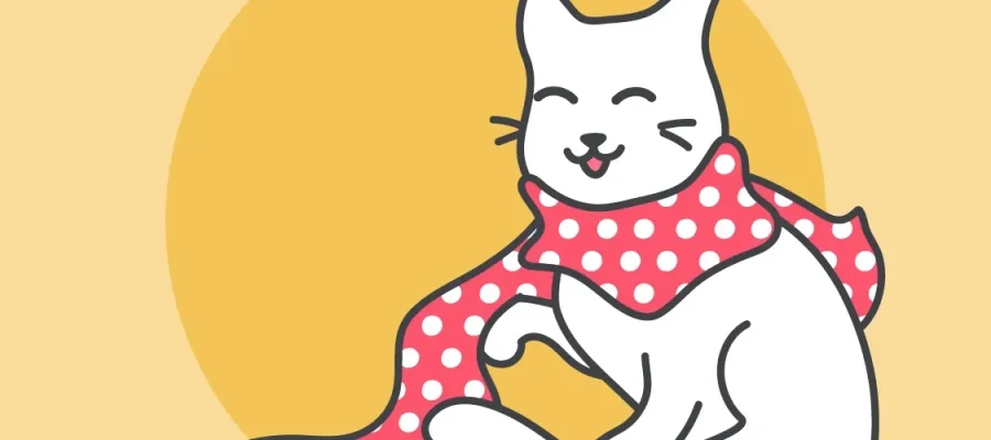 susam A cheerful white cartoon cat sits with closed eyes, smiling, and wears a red scarf with white polka dots. The background features a large yellow circle on a pale yellow backdrop.