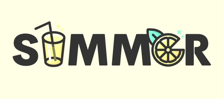 susam The word "SUMMER" is spelled in bold black letters. The "U" is designed as a glass of lemonade with a straw, and the "E" is a lemon slice with a small teal leaf and droplets, evoking a refreshing, summery feel on a light background.