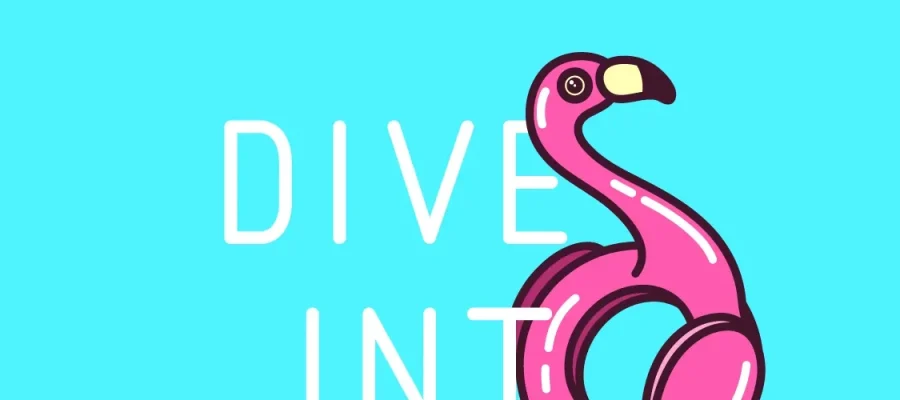 susam A bright blue background with bold white text reading "DIVE IN". A large pink inflatable flamingo pool float partially covers the letters, with its neck forming the shape of an "S" between the words.