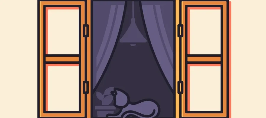 susam Illustration of an open window with orange frames and four panels, revealing a room with purple curtains and a hanging light. A gray dog is lying inside on the floor, facing left, with its head resting on its paws. The background is a pale beige.