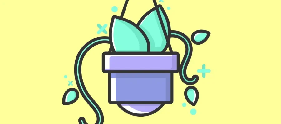 susam A stylized illustration of a purple hanging flowerpot with green leafy plants and vines. The background is yellow with light blue accent shapes and dots. The image has a playful, cartoon-like design with bold outlines.