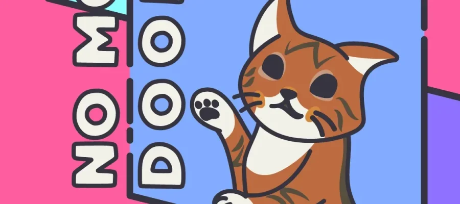 susam A cartoon cat with orange and white fur raises one paw inside a blue box on a pink background. Next to the cat, bold white text with a black outline reads, “NO MO DOOM.” The style is playful and colorful.