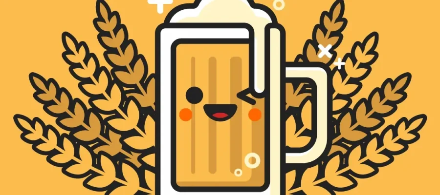 susam A cartoon-style beer mug with a happy face, red cheeks, and frothy foam sits in front of two symmetrical wheat stalks on a solid yellow background. The playful design includes bubbles and small decorative sparkles.