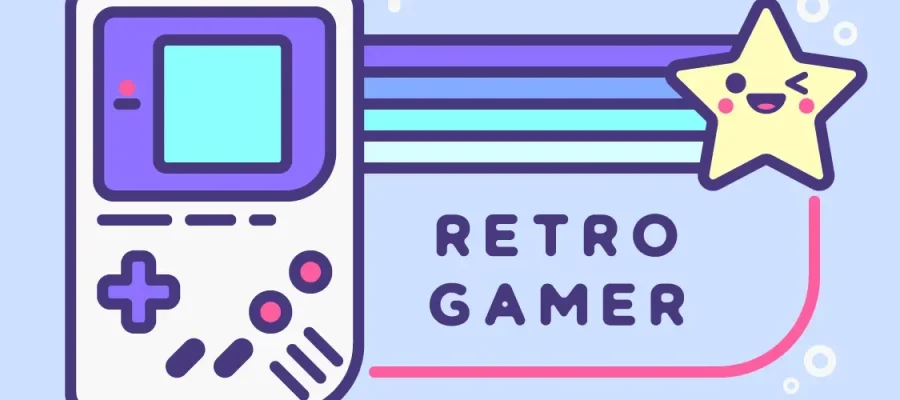 susam A cute illustration features a retro handheld gaming console beside the words “RETRO GAMER.” A smiling, winking yellow star with rosy cheeks sits above blue and purple stripes on a light blue background with small white bubbles.