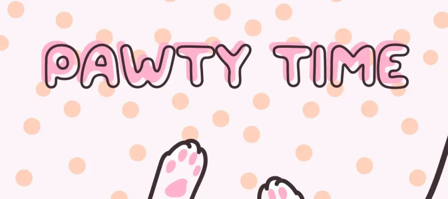 susam A playful banner with "PAWTY TIME" in bold, pink bubble letters outlined in brown. Pink polka dots decorate the pale background. At the bottom, two cartoon-style cat or dog paws with pink paw pads are visible, and pink shapes frame the image corners.
