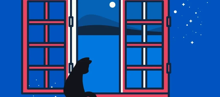 susam A black cat sits on a windowsill, looking out through an open red-framed window at a night sky with stars, a bright moon, and distant blue mountains against a deep blue background.