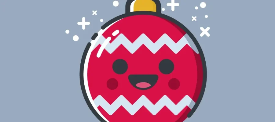 susam A red Christmas ornament with a cute, smiling face, pink cheeks, and zigzag white stripes. The ornament has a yellow cap on top and is surrounded by white sparkles, set against a light blue background.