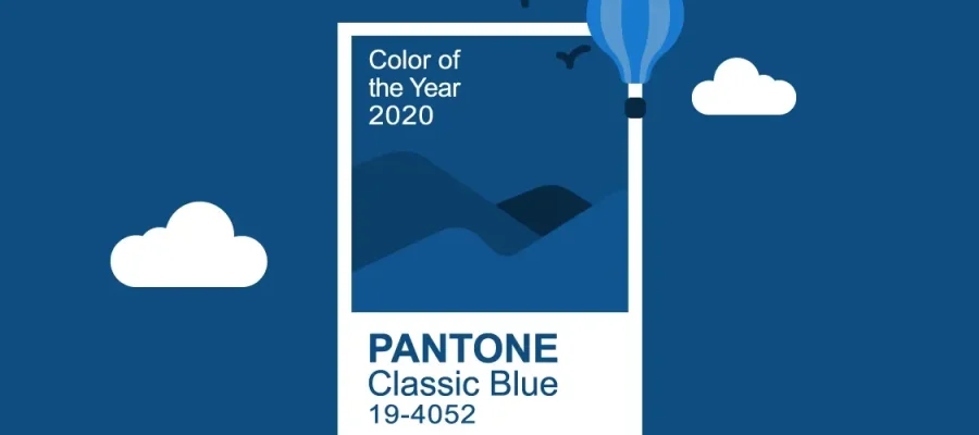susam A digital graphic features Pantone’s Color of the Year 2020, Classic Blue (19-4052). The main section shows a Color of the Year card with abstract shapes, surrounded by clouds, a hot air balloon, and birds, all against a blue sky background matching Classic Blue.