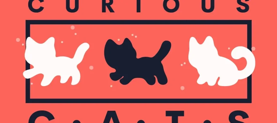 susam A coral red banner features the words "CURIOUS CATS" in bold, stylized font. In the center, three cartoon cat silhouettes—one white, one black, one white—are playfully positioned inside a black-outlined rectangle with small white dots scattered around.