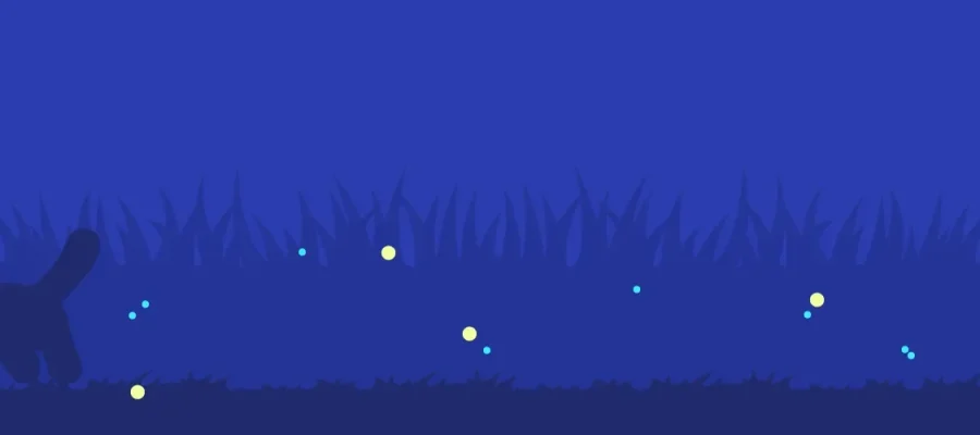 susam A silhouette of a cat with glowing eyes walks through grass at night. The background is dark blue, and scattered yellow and blue fireflies float in the air, illuminating the scene with small dots of light.