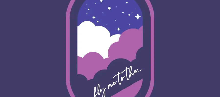 susam An airplane window illustration shows white and purple clouds against a night sky with stars. The phrase "Above it all..." is handwritten at the bottom of the window. The background and window frame are deep purple.
