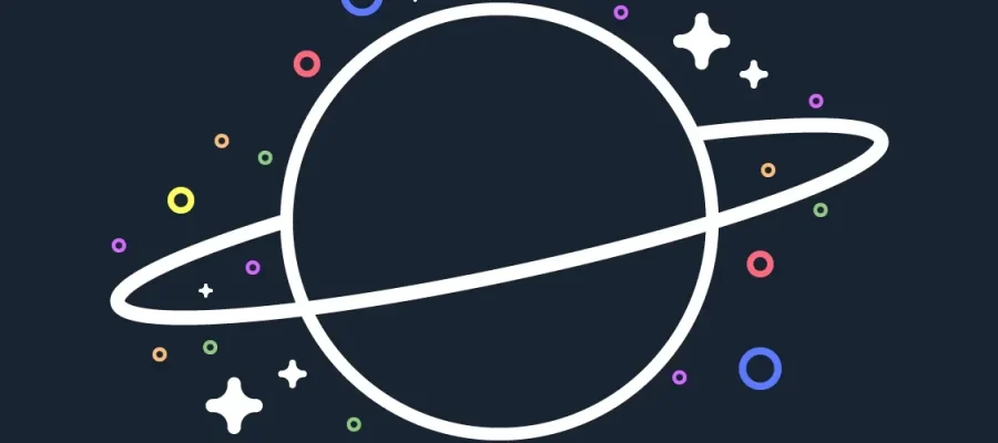 susam A white outline of a planet with a ring, resembling Saturn, is centered on a dark blue background. Colorful small circles and white star shapes are scattered around the planet, creating a playful, outer space theme.