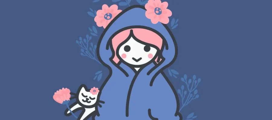 susam A cartoon figure with pink hair, rosy cheeks, and a blue hoodie adorned with pink flowers stands smiling. Next to them is a small black-and-white cat holding a pink flower, both set against a blue background with leafy accents.