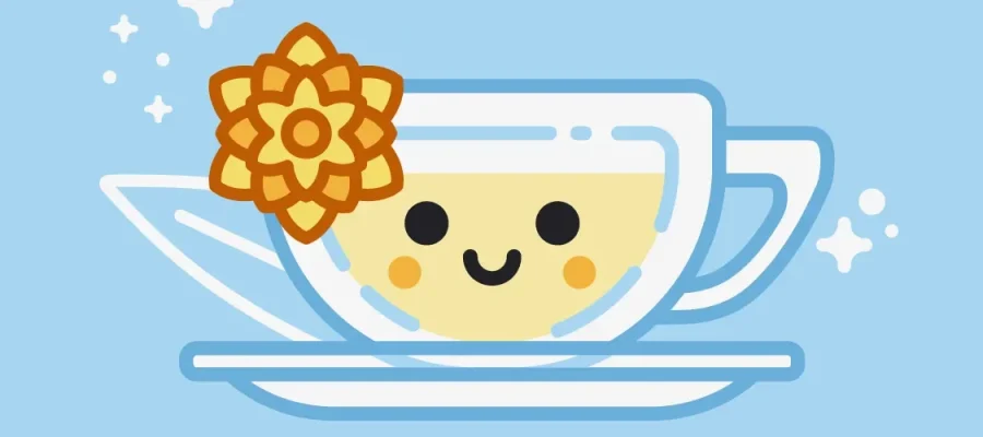 susam A cute, cartoon-style teacup filled with light yellow tea sits on a saucer. The teacup has a smiling face with rosy cheeks. A decorative orange flower is on the rim, and white sparkles surround the cup. The background is light blue.