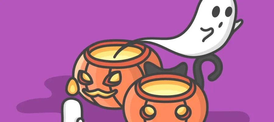 susam A cute cartoon ghost floats over two orange jack-o’-lantern buckets, one with an angry face and one with a smiling face, against a solid purple background. The ghost’s arm is dipped into the bucket while a white candy lies nearby.