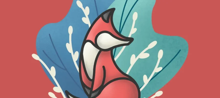 susam A stylized illustration of a red fox with a white face and chest sits gracefully. Behind the fox are abstract blue and teal leaf shapes with white buds, all set against a muted red background. The design is simple and whimsical.