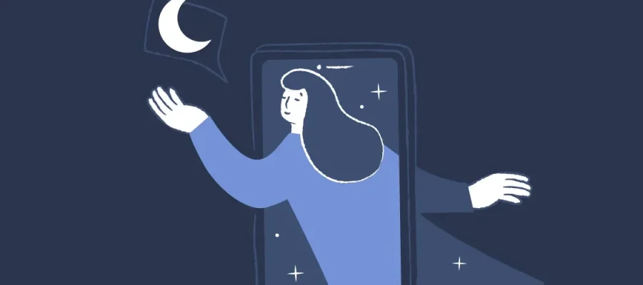susam A minimalist illustration of a woman in blue extending her arm out of a smartphone screen, reaching for a crescent moon. The background is dark blue with small stars, creating a dreamy, nighttime atmosphere.