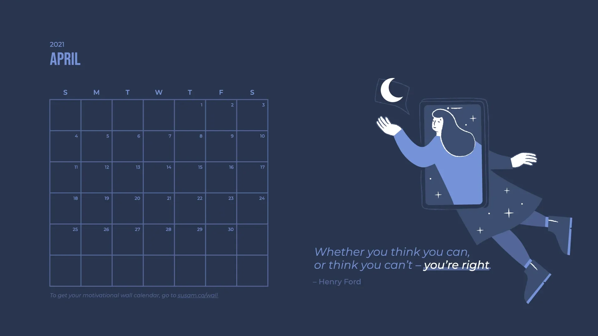 A calendar with an image of a woman flying in the sky.