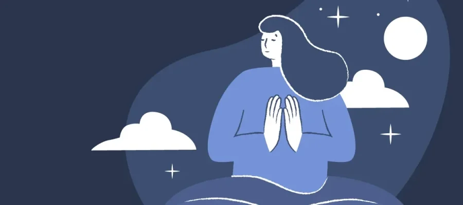 susam A minimalist illustration of a person with long hair sitting cross-legged, hands pressed together in front of their chest, set against a dark blue background with clouds, stars, and a full moon. The scene conveys calmness and meditation.