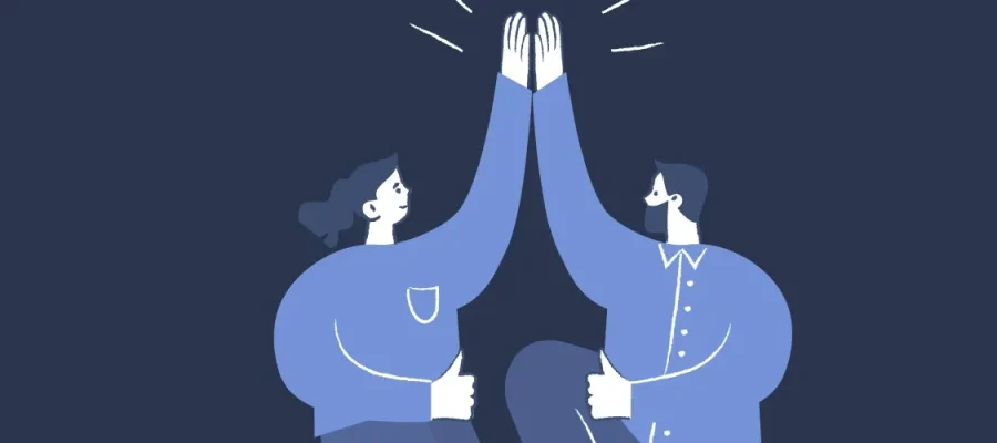 susam Two illustrated people with elongated arms, one with long hair and one with short hair and glasses, give each other a high-five. Both smile and give thumbs up, with stylized lines emphasizing the high-five. The background is dark blue.