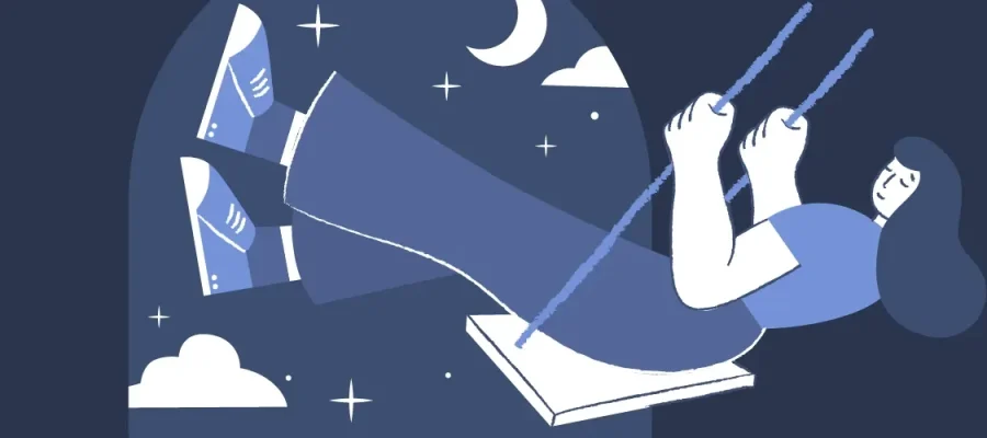 susam Illustration of a woman with long hair swinging on a swing in front of an arched window at night. She wears a long dress and shoes, and the background features clouds, stars, and a crescent moon. The color palette is blue and white.