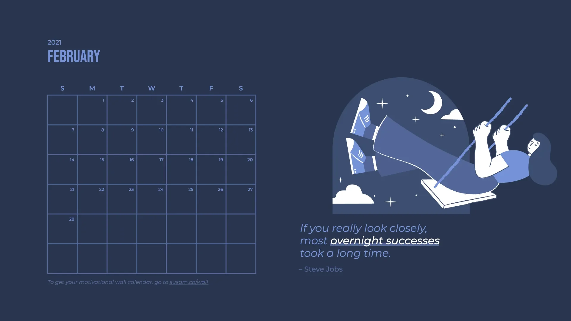 A calendar with an illustration of a woman on a swing.