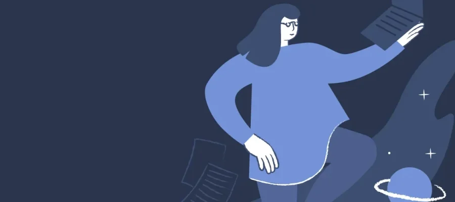 susam A stylized illustration of a woman with glasses wearing a loose sweater and pants stands with one hand raised, holding papers. A rocket ship and a planet with a ring appear nearby on a dark blue background. The color palette is mostly shades of blue.