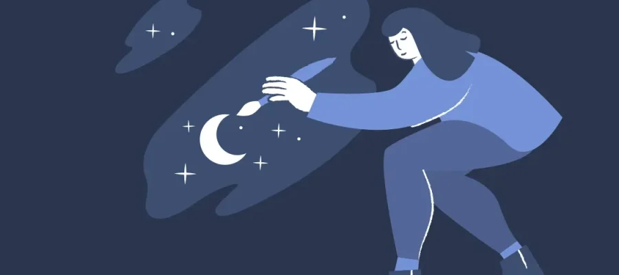 susam A stylized illustration of a person in blue clothing reaching out toward a crescent moon and stars floating in a dark, abstract space. The background is navy blue, and the scene has a calm, dreamlike, and imaginative atmosphere.