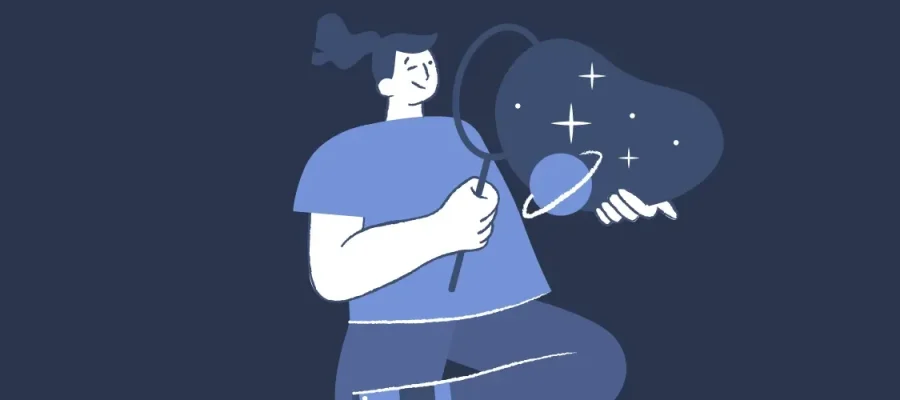 susam A stylized illustration of a person with a ponytail holding a magnifying glass. The magnifying glass reveals sparkling stars on a dark background, suggesting discovery or investigation. The color palette is mainly blue and white.