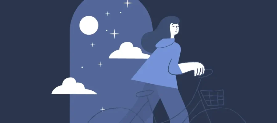 susam A person with long hair wearing a hoodie walks beside a bicycle. In the background, a night sky with clouds, stars, and a full moon is visible through an arched window. The image uses shades of blue and white with a minimalist, flat design style.