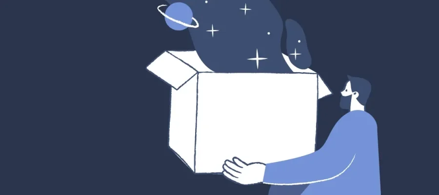 susam A person in blue holds an open white box, from which stars, planets, and galaxies float upward. The background is dark blue, creating a dreamy, imaginative atmosphere that suggests creativity and discovery emerging from the box.